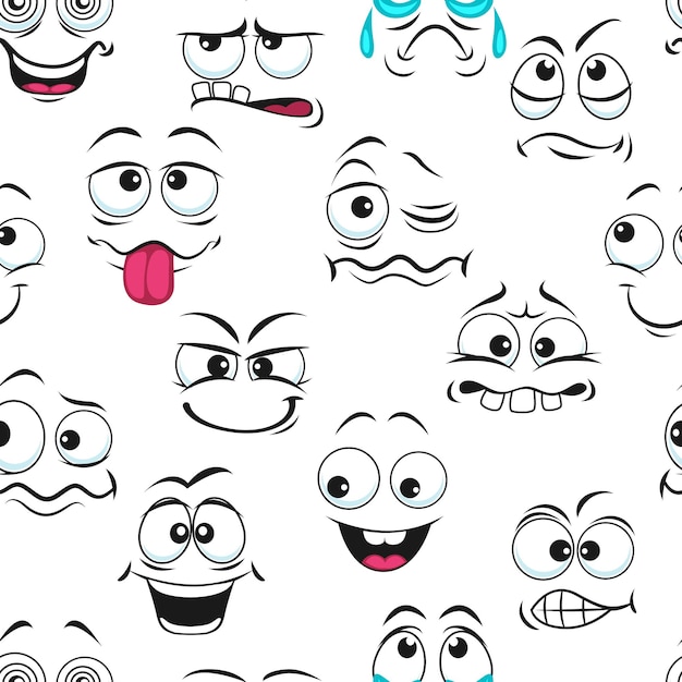 Plik wektorowy kreskówka zabawny smutny płacz i szczęśliwe twarze wzór wektor emoji tło emotikony wyrażenie lub wzór uśmiech kawaii w doodle zabawna twarz emoji oczy i usta z komiks ładny uśmiech