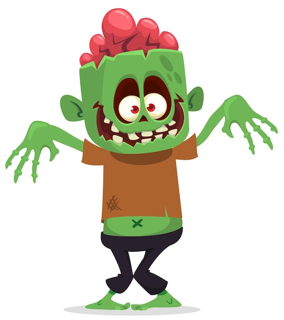 Kreskówka zabawny zielony zombie z różowymi mózgami poza głową Ilustracja wektora Halloween na białym tle