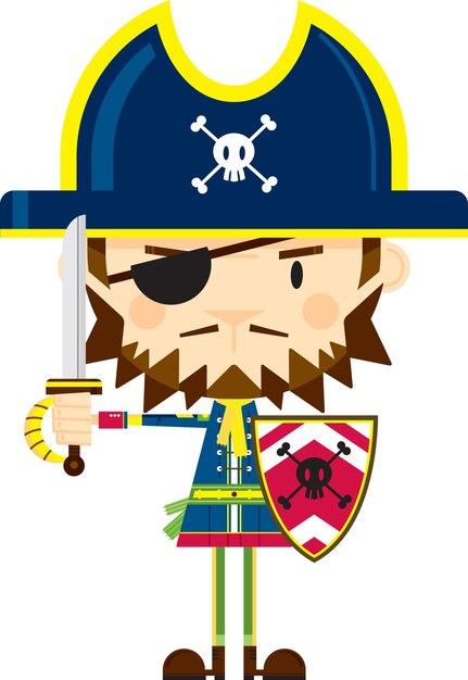 Kreskówka zawadiacka opaska na oko kapitan pirata trzyma miecz i tarczę