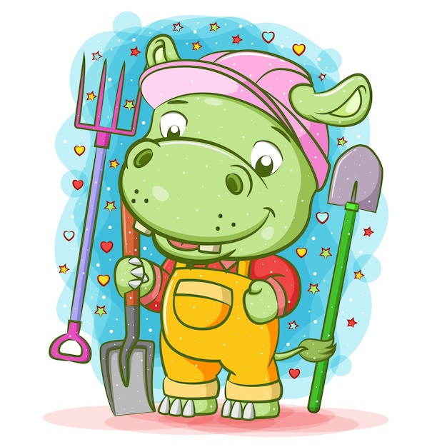 Kreskówka Zielonego Hipopotama Trzyma Lunetę Wokół Naczynia