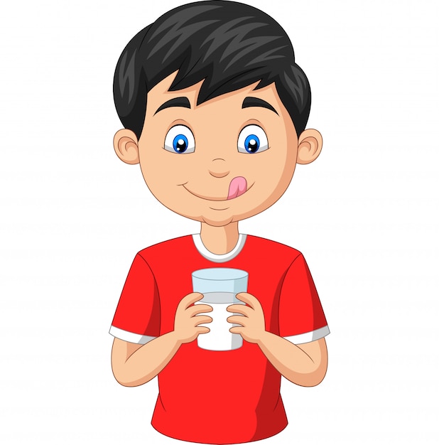 Kreskówki chłopiec trzyma szkło mleko