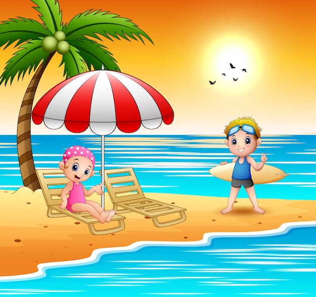 Plik wektorowy kreskówki dzieci relaksują się na plaży