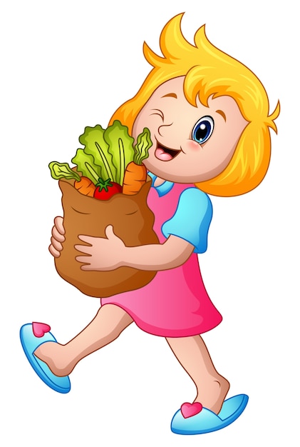 Kreskówki Dziewczyna Trzyma Papierową Torbę Sklepy Spożywczy Z Zdrowymi Warzywami