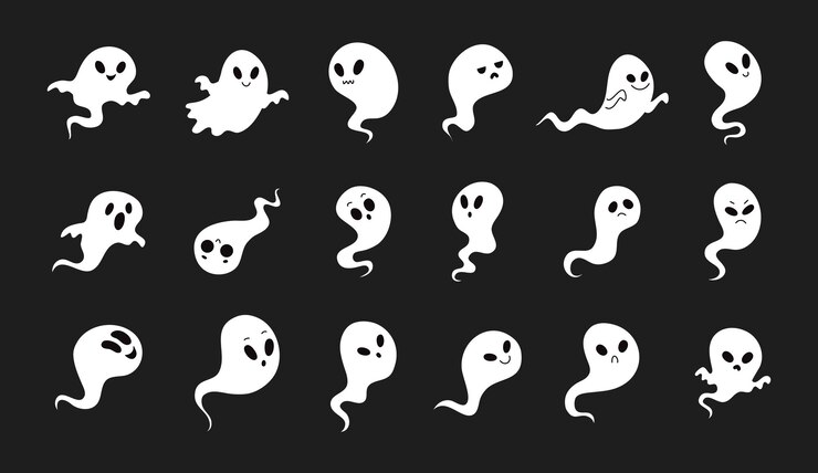 Wektor kreskówki urocze duchy halloween oświetlenie obraz wektorowy ducha ducha z blask na czarnym ciemnym tle halloween dzień umarłych przerażający dla dzieci