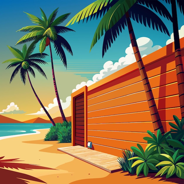 Plik wektorowy kreskówkowa ilustracja plaży z drzewami palmowymi i drewnianym płotem