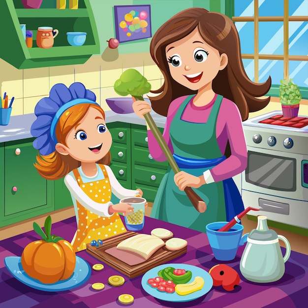 Plik wektorowy kreskówkowy obraz matki i jej córki gotującej w kuchni