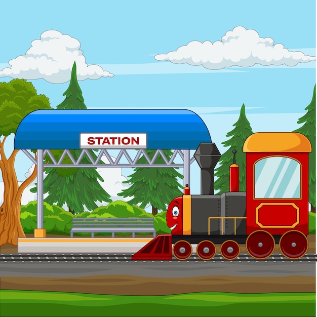 Plik wektorowy kreskówkowy pociąg ze stacją kolejową we wsi
