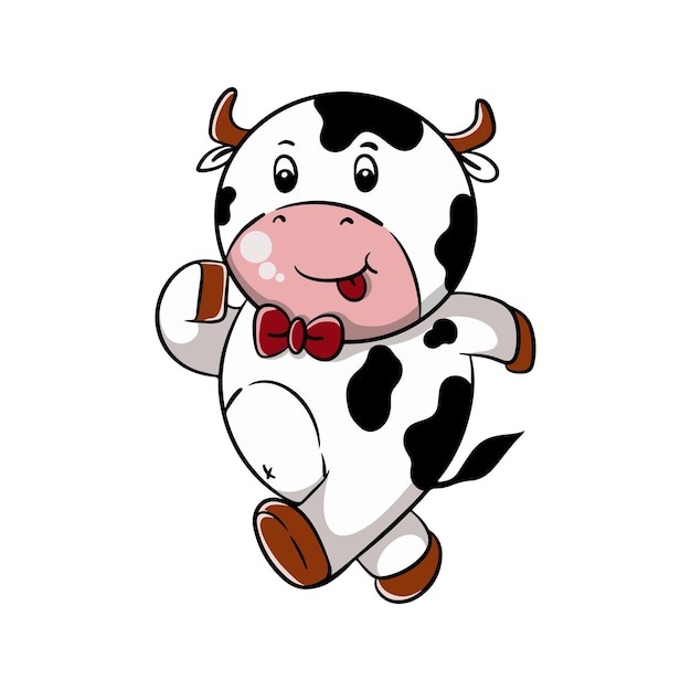 Plik wektorowy kreskówkowy projekt ilustracji uroczej krowy mlecznej w krawacie chodzi swobodnie