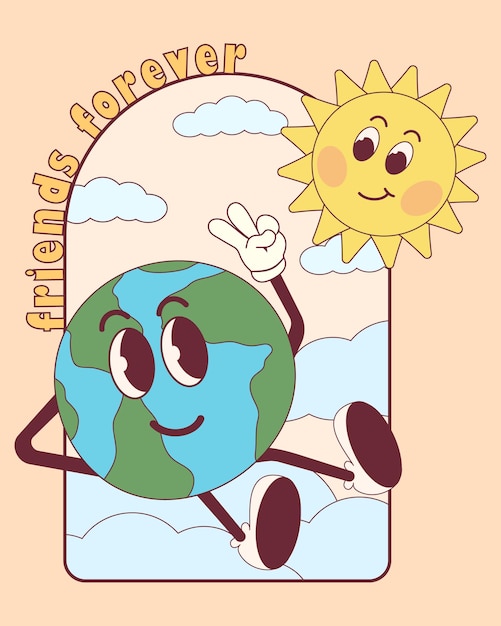Kreskówkowy rysunek planety ze słońcem i słowami przyjaciele na zawsze.