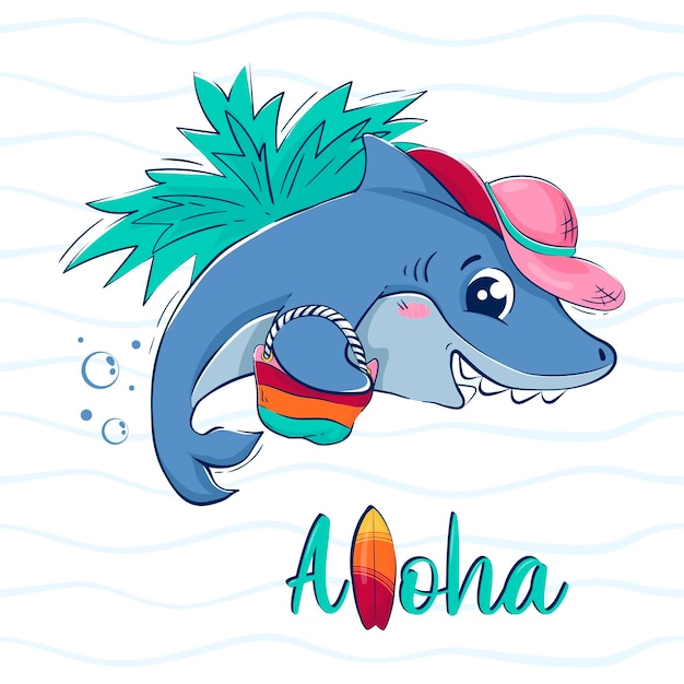 Kreskówkowy zabawny rekin z torbą plażową i kapeluszem wśród fal Pocztówka z napisem aloha