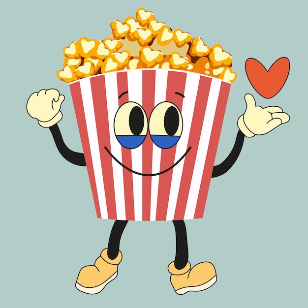 Kreskówkowy Zabawny Znak Popcornu Z Sercem Wektor Wiadro Popcornu Z Cute Buźki Szybko