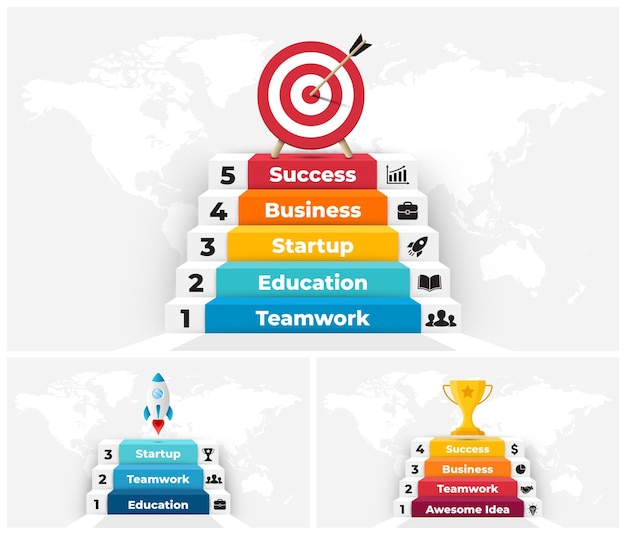 Kroki Do Sukcesu Infografika Udany Start Biznesu Schody I Cel Diagram 3d Wykres Wzrostu