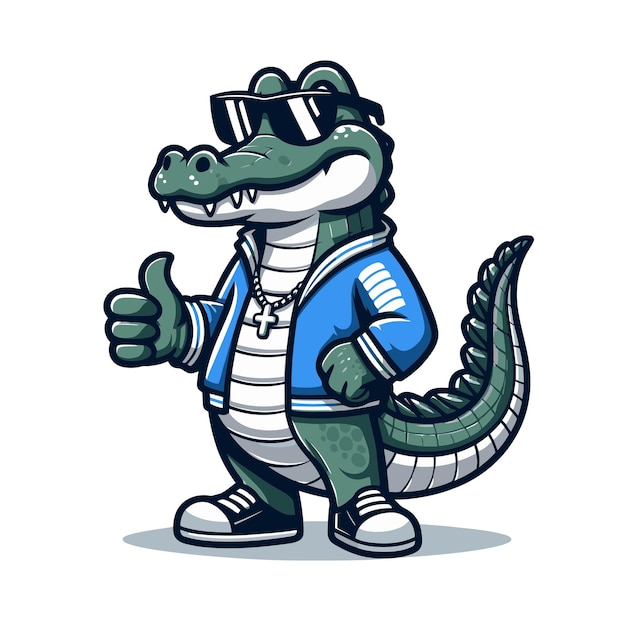 Plik wektorowy krokodyl w okularach, fajna pozycja, niebieska kurtka w stylu hipobestii.