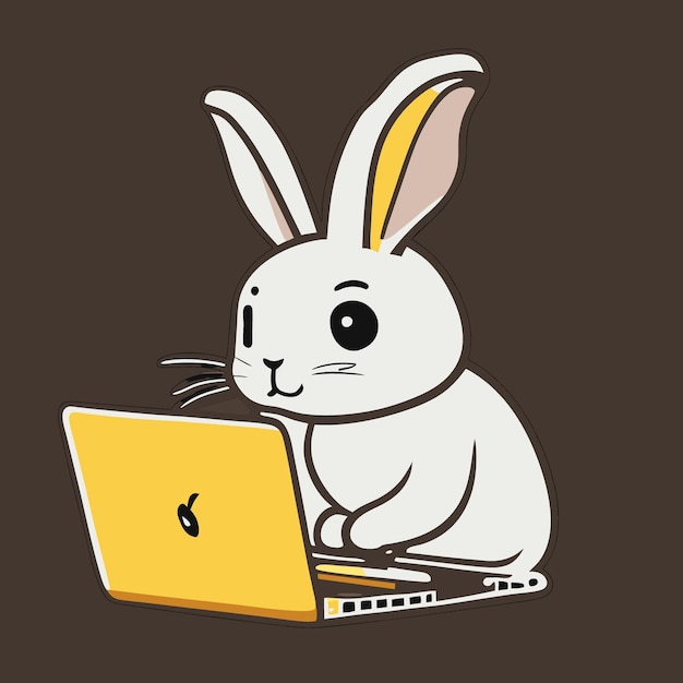 Plik wektorowy królik używa laptopa z zmęczonym wyrazem twarzy w stylu keitha haringa. minimalistyczny projekt.