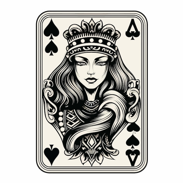 Plik wektorowy królowa gra w karty czarno-białe
