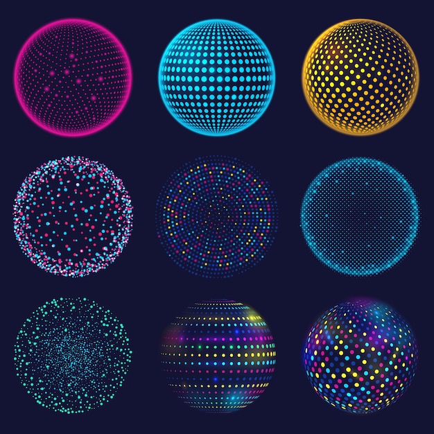 Plik wektorowy kropkowana neonowa kula 3d. streszczenie atomowe kropkowane kule, zestaw 3d świecące sferyczne kształty siatki