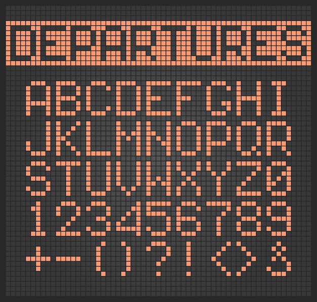 Plik wektorowy kropkowany tekst. elektroniczne cyfrowe oświetlenie alfabetu liter i cyfr do zestawu monitora samolotu.
