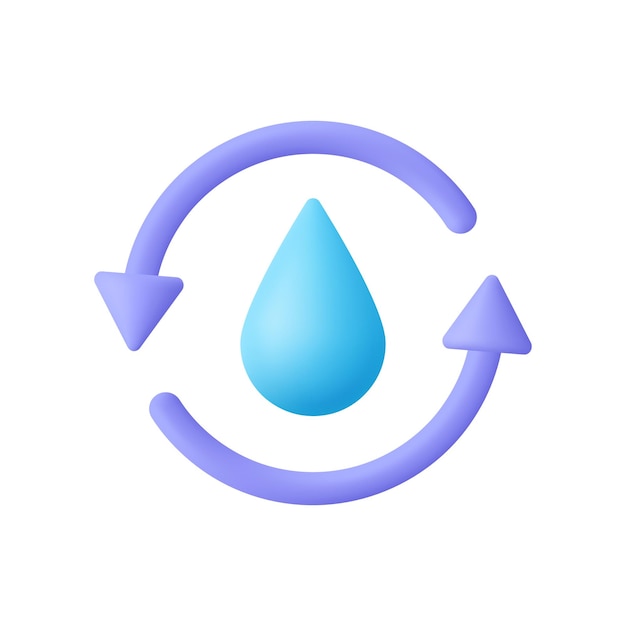 Kropla wody ze strzałkami wokół Odnawialne zasoby naturalne woda recykling koncepcja ekologii ikona wektora 3d Minimalistyczny styl kreskówki