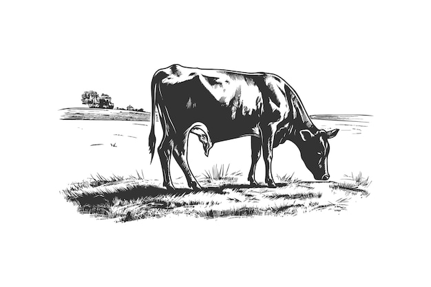Krowy pasące się na łące retro ręcznie narysowany szkic ilustracji wektorowej