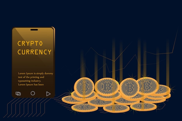 Kryptowaluta Bitcoin z stosem monet wychodzi ze smartfona