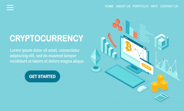 Kryptowaluta i blockchain. Wydobywanie bitcoinów. Płatność cyfrowa za pomocą wirtualnych pieniędzy, finansów. Izometryczny komputer 3D, laptop z monetą, token.