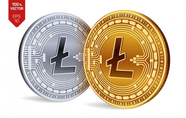 Kryptowaluty złote i srebrne monety z symbolem Litecoin na białym tle.