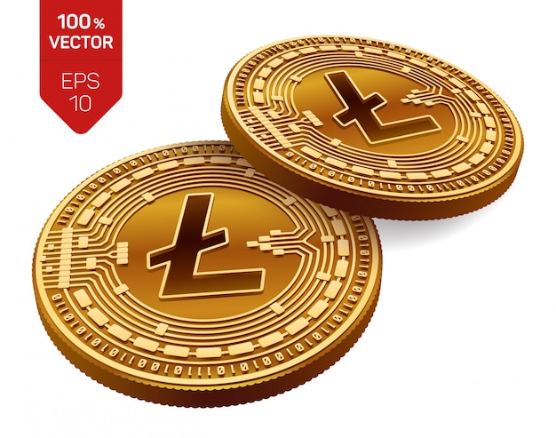Kryptowaluty złote monety z symbolem Litecoin na białym tle.