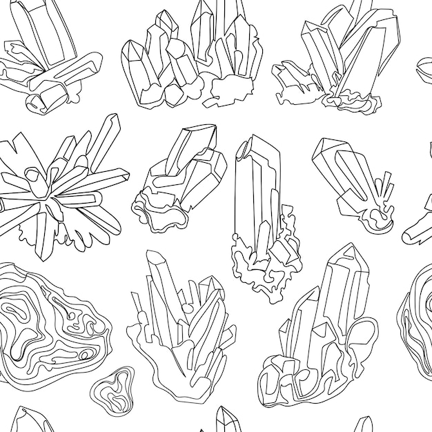 Kryształy I Naturalne Minerały Bezszwowe Wzór Grafika Liniowa Rysunek W Ilustracji Wektorowych Stylu Doodle