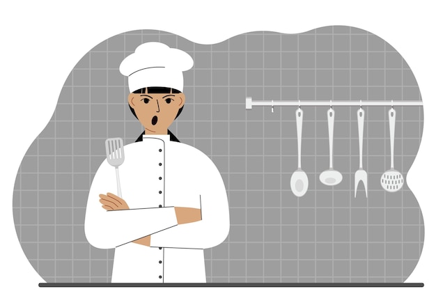 Krzycząca Kobieta Kucharz Trzyma W Ręku Szpatułkę Kuchenną Vector