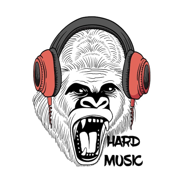 Plik wektorowy krzyczący goryl w słuchawkach humor card tshirt skład ręcznie rysowane stylu wydruku ilustracji wektorowych