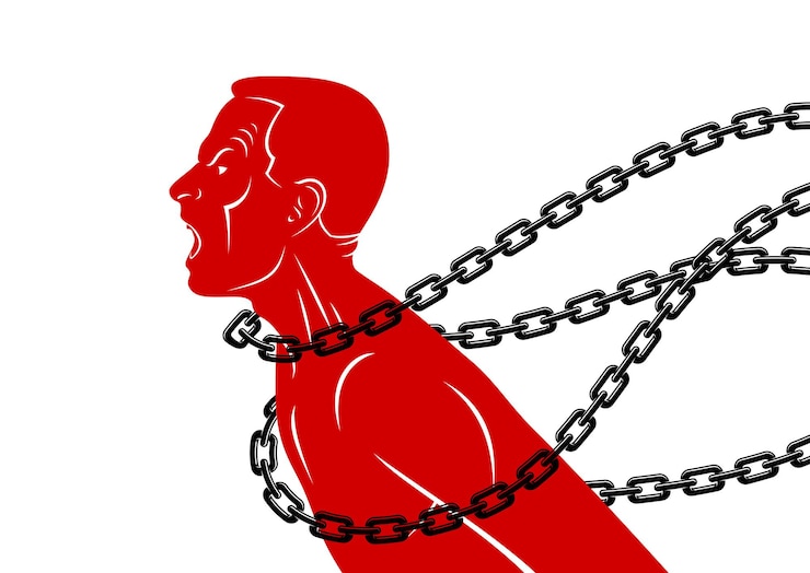 Wektor krzyczy i krzyczy mężczyzna próbuje przerwać łańcuch walczący o wolność, walkę i wyzwolenie koncepcji, koncepcyjna ilustracja wektorowa wolności i praw człowieka.