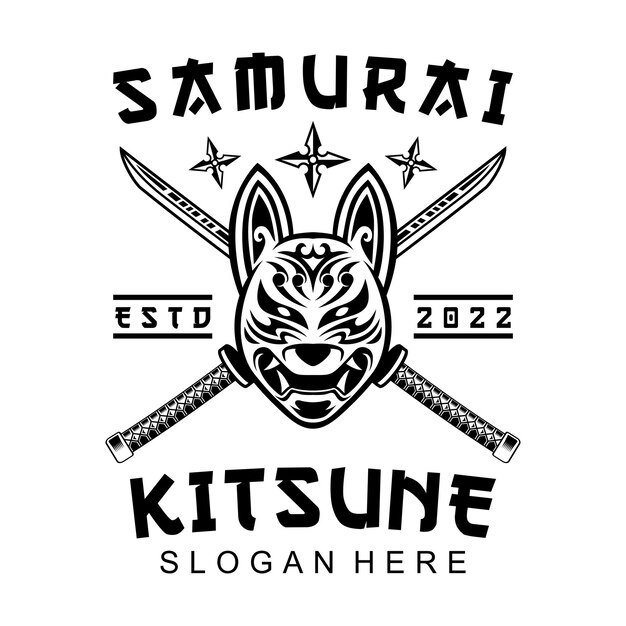 Krzyż Katana Kitsune Samuraj Shuriken Head Wolf Logo W Stylu Vintage Czarno-biały Wektor