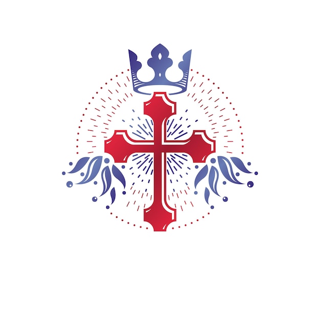 Krzyż Religijny Graficzny Emblemat Stworzony Przy Użyciu Korony Monarchy I Kwiecistej Kwiecistej, Katolickiej Ukrzyżowania. Herb Heraldyczny, Vintage Wektor Logo Na Białym Tle.