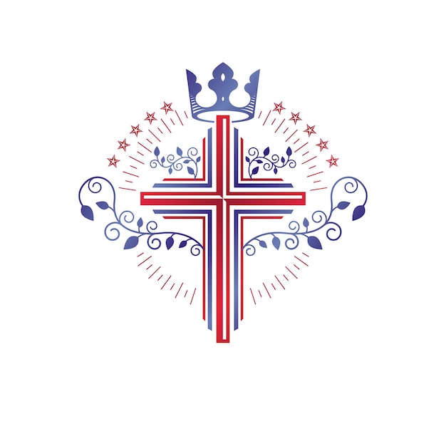 Krzyż Religijny graficzny emblemat stworzony przy użyciu korony monarchy i kwiecistej kwiecistej, katolickiej ukrzyżowania. Herb heraldyczny, vintage wektor logo na białym tle.