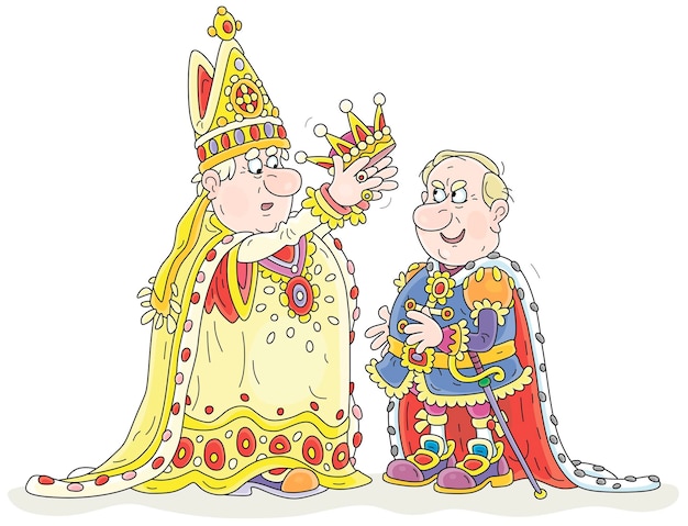 Plik wektorowy ksiądz trzymający królewską koronę i ogłaszający zabawnego króla władcą królestwa podczas koronacji