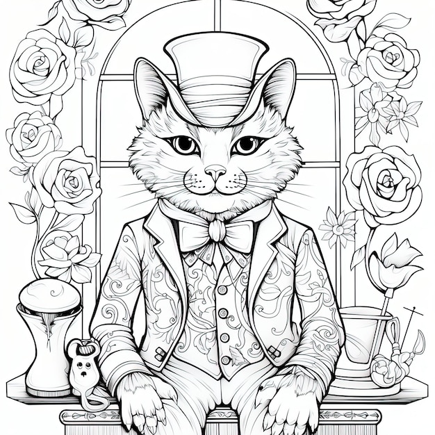 Plik wektorowy książka do malowania dla dorosłych realistyczny styl temat karnawałowy szkielety kotów wyglądające jak szkocki zgięty kot