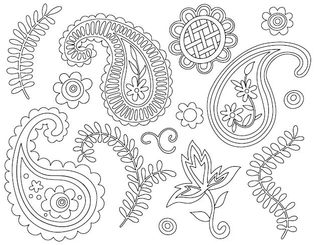 Książka do malowania Zestaw ozdób paisley Ilustracja linii wektorowej Kontur
