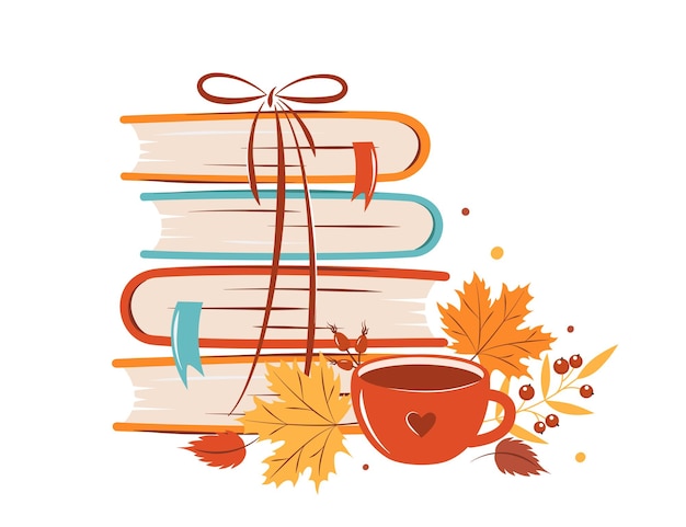 Plik wektorowy książka filiżanka kawy lub herbaty z jesiennymi jasnymi liśćmi projekt karty lub plakatu promocyjnego