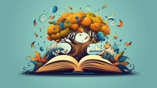 Plik wektorowy książka z drzewem i słowami, książka na stronie.