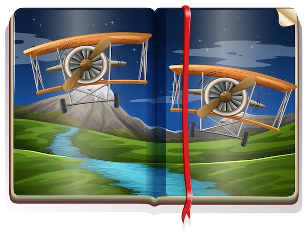 Plik wektorowy książka ze sceną samolotów przelatujących nad rzeką