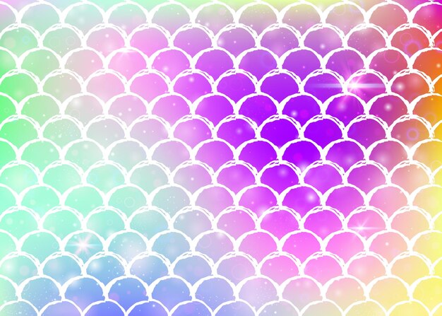 Księżniczka syrenka tło z kawaii tęczy wzór łuski. Transparent rybi ogon z magicznymi iskierkami i gwiazdami. Morze fantasy zaproszenie na dziewczęcą imprezę. Perłowy syrenka księżniczka tło.