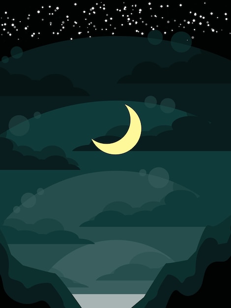 Plik wektorowy księżyc nad morzem między rockową górą na ciemnym niebie