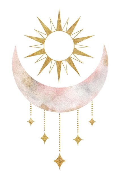 Plik wektorowy księżyc półksiężycowy i słońce znaki i symbole ezoteryczne ilustracje akwarelowe na temat astrologii