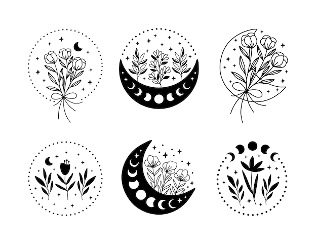 Księżyc z kolekcji ilustracji wektorowych wildflower Współczesna sztuka kwiatowa clipart Ręcznie rysowane wystrój boho Niebiańska koszulka drukuj czeski plakat magiczna karta tatuaż naklejki