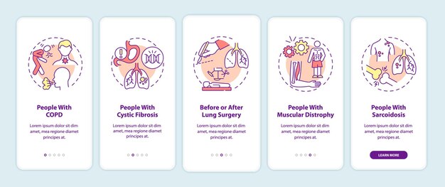 Kto potrzebuje rehabilitacji oddechowej na ekranie strony aplikacji mobilnej. Przewodnik po 5 krokach instrukcji graficznych z koncepcjami. Szablon wektorowy UI, UX, GUI z liniowymi kolorowymi ilustracjami