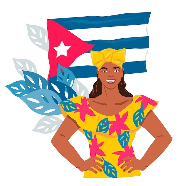 Kubańska Młoda Kobieta W Sukience Na Tle Flagi Narodowej Kuby Na Białym Tle
