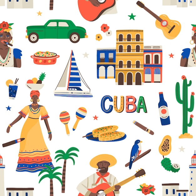 Plik wektorowy kubański wzór z etnicznym łacińskim jedzeniem, samochodem, łodzią, ludźmi, cygaro havana, rum, gitara i marakasy na białym tle. kubańska powtarzalna tekstura do nadruku. ilustracja kolorowy płaski wektor.