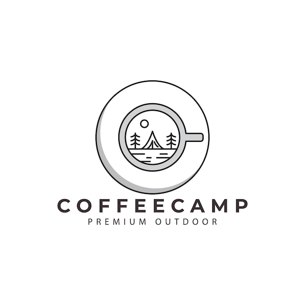 Plik wektorowy kubek kawy z zewnętrznym obozem las logo wektorowy symbol ikony minimalistyczny projekt
