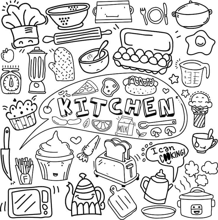 Wektor kuchnia doodle wektor z rzeczy ręcznie wykonane ściany sztuki kawiarnia szablon projektu ściany restauracji