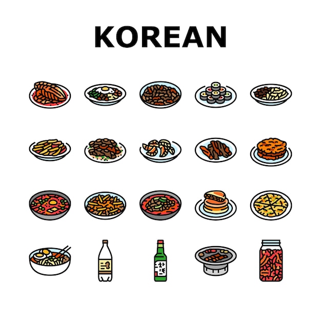 kuchnia koreańska jedzenie azjatyckie ikony zestaw wektor